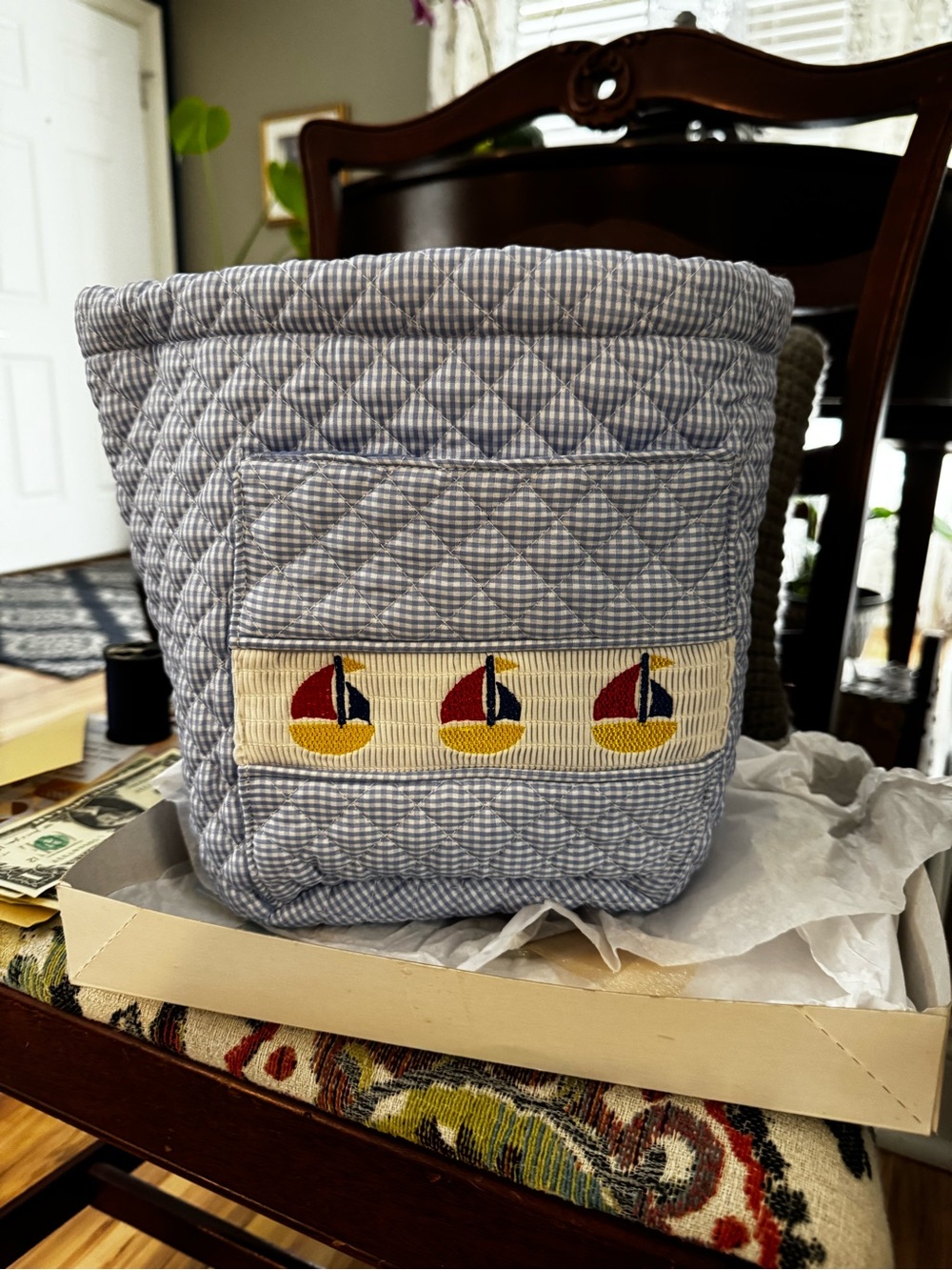 Quilted Sailboat Mini Diaper Bag / Fabric Storage Bin